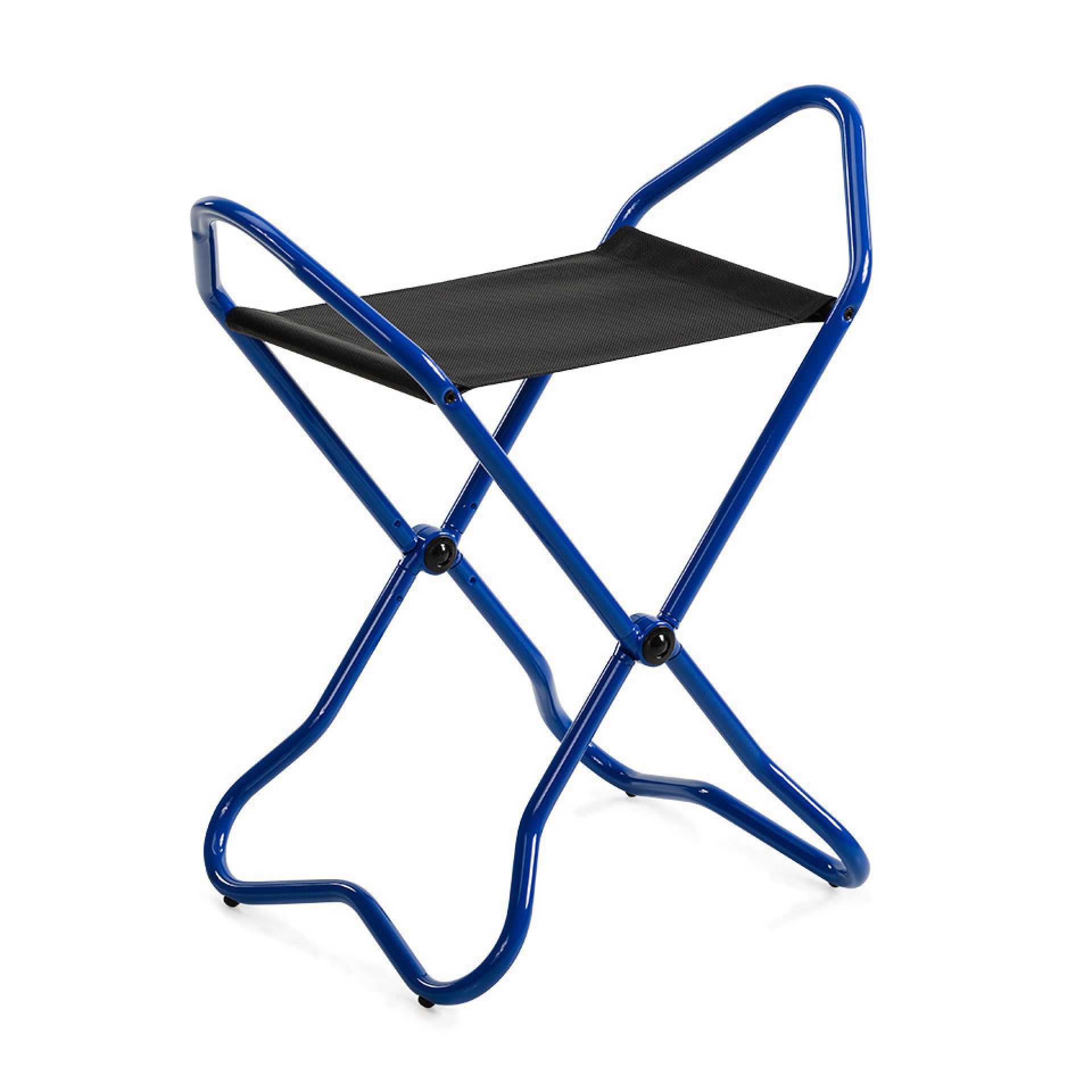 Blauer New York Klapphocker / Museumshocker mit schwarzer Sitzfläche, ideal für unterwegs und Ausstellungen.